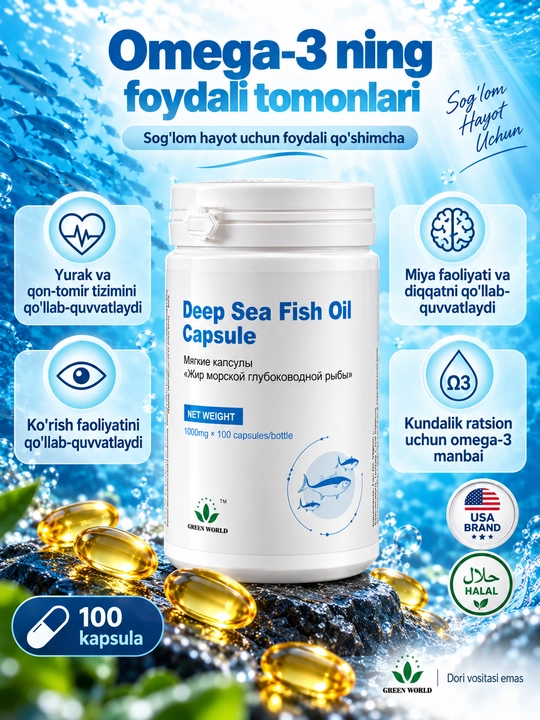 Green World Deep Sea Fish Oil, Omega-3 baliq yog‘i, EPA + DHA + Vitamin E, 100 kapsula