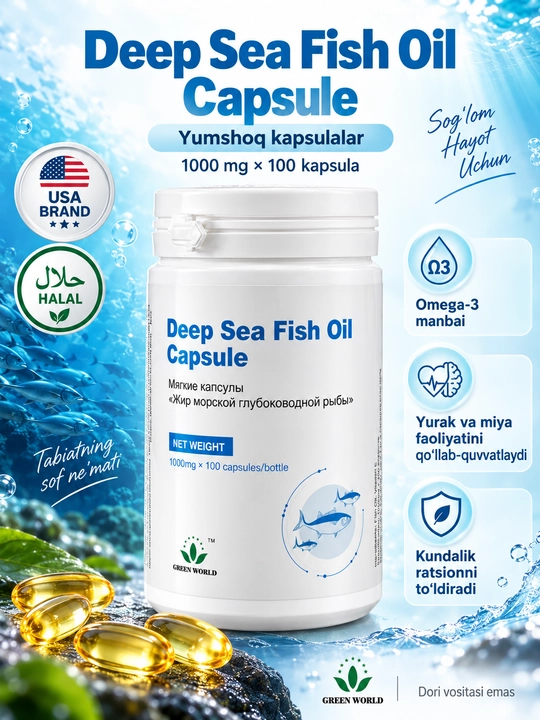 Green World Deep Sea Fish Oil, Omega-3 baliq yog‘i, EPA + DHA + Vitamin E, 100 kapsula - 