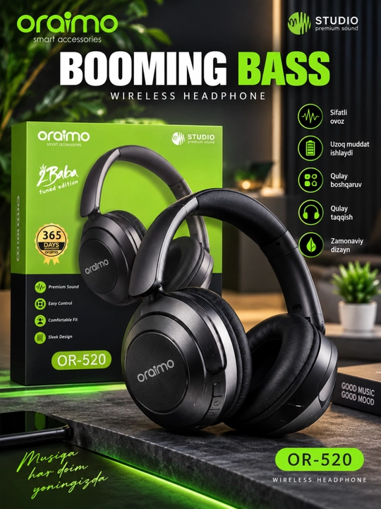 OR-520 simsiz quloqchin, Bluetooth naushnik, qora rang, qulay boshqaruv - 