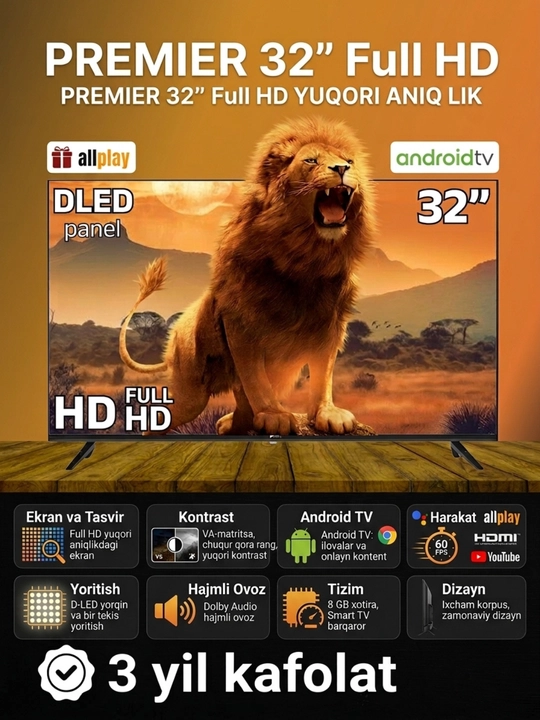 Premier  32PRM840FSV Smart TV televizor  32 dyuym HD Android  Wi-Fi Bluetooth - 