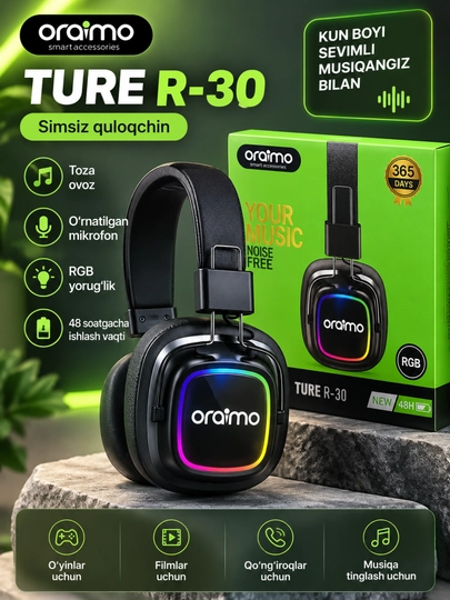 Oraimo TURE R-30 simsiz quloqchin, Bluetooth, RGB yoritish, mikrofon, qora - 