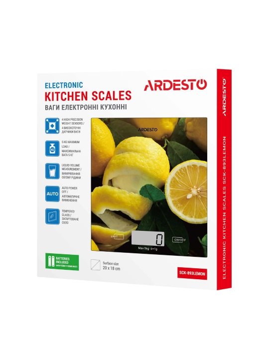 Кухонные весы Ardesto SCK-893LEMON, 5кг/1г, LCD, тарокомпенсация, стекло