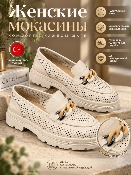Мокасины женские кожанные, Fast step, бежевые, Турция - 