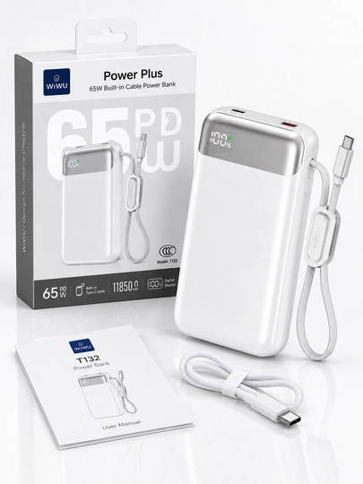 WiWU T132 — 65W quvvatli, o‘rnatilgan kabelga ega Power Bank