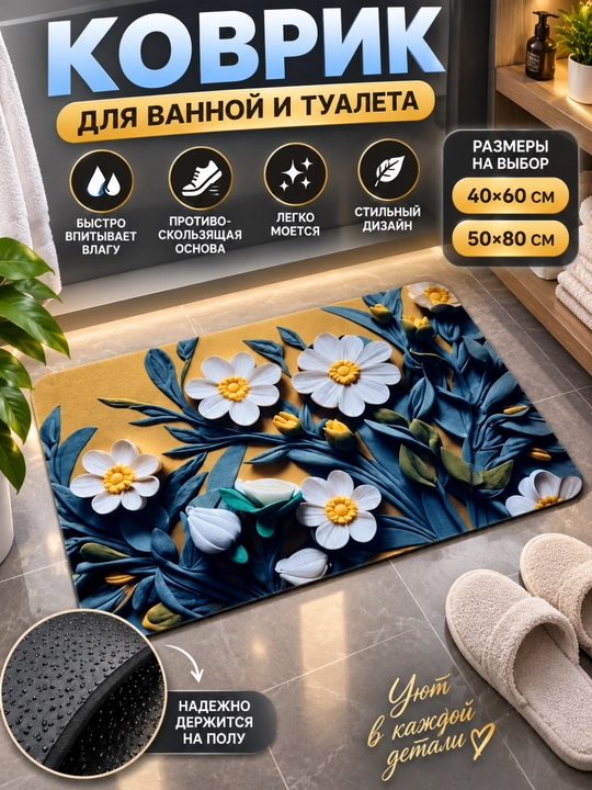 Коврик для ванной, кухни, детской комнаты и туалета, противоскользящий - 