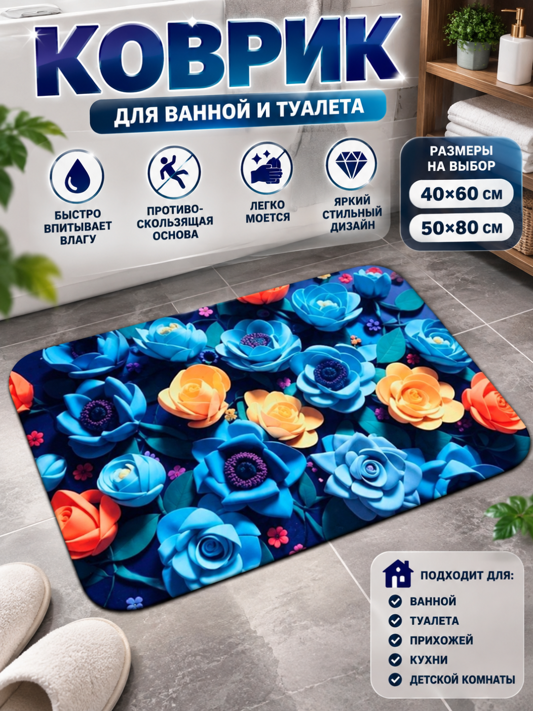 Коврик для ванной, кухни, детской комнаты и туалета, противоскользящий - 
