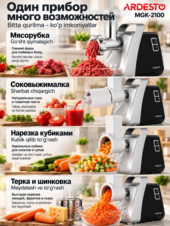 Мясорубка электрическая Ardesto MGK-2100, 2100Вт, соковыжималка, кубики