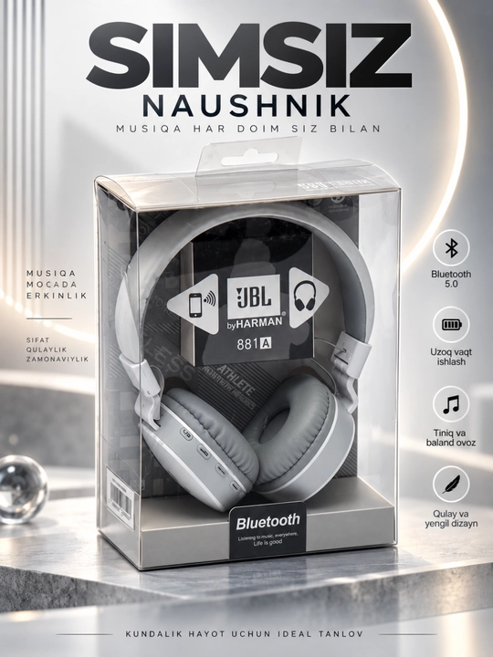 Kuchli bas va uzoq muddat xizmat qiladigan JBL 881A Bluetooth simsiz quloqchinlari - 