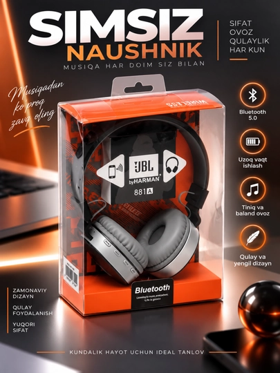 Kuchli bas va uzoq muddat xizmat qiladigan JBL 881A Bluetooth simsiz quloqchinlari - 