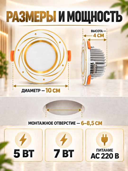 O‘rnatiladigan LED shift chirog‘i, 3 xil yorug‘lik, 5W/7W, 220V