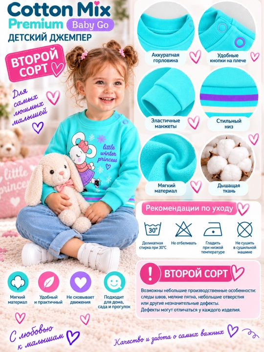 Детский джемпер для девочки Baby Go, 100% хлопок, мятный