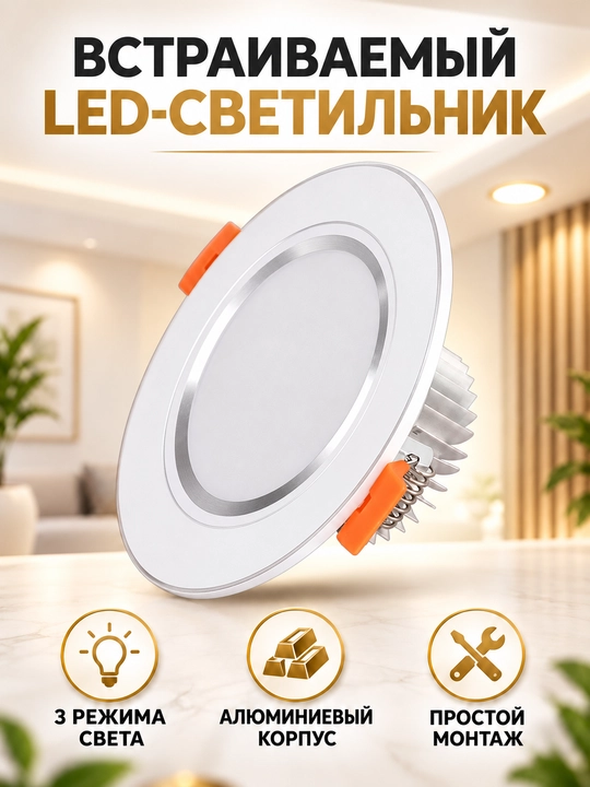 O‘rnatiladigan LED shift chirog‘i, 3 xil yorug‘lik, 5W/7W, 220V - 