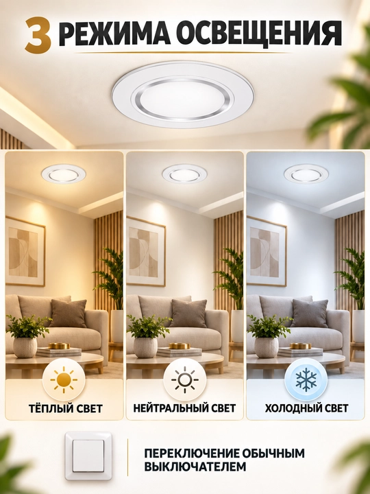 O‘rnatiladigan LED shift chirog‘i, 3 xil yorug‘lik, 5W/7W, 220V