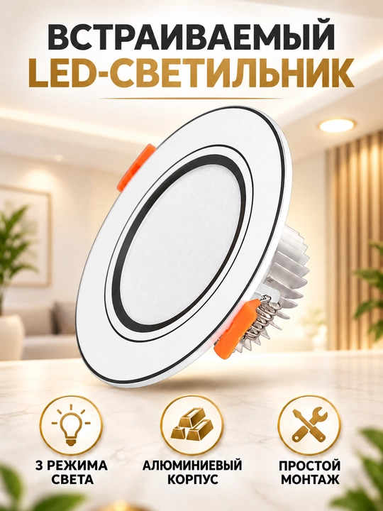 O‘rnatiladigan LED shift chirog‘i, 3 xil yorug‘lik, 5W/7W, 220V - 