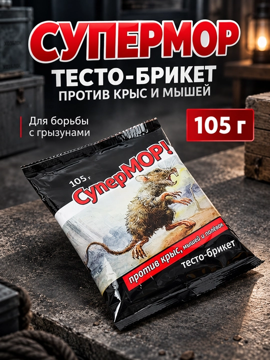 СуперМОР 105 г, тесто-брикет против мышей и крыс, средство от грызунов - 