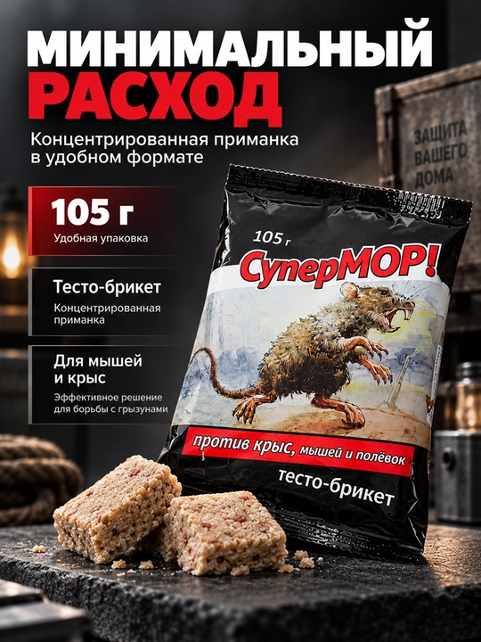 СуперМОР 105 г, тесто-брикет против мышей и крыс, средство от грызунов