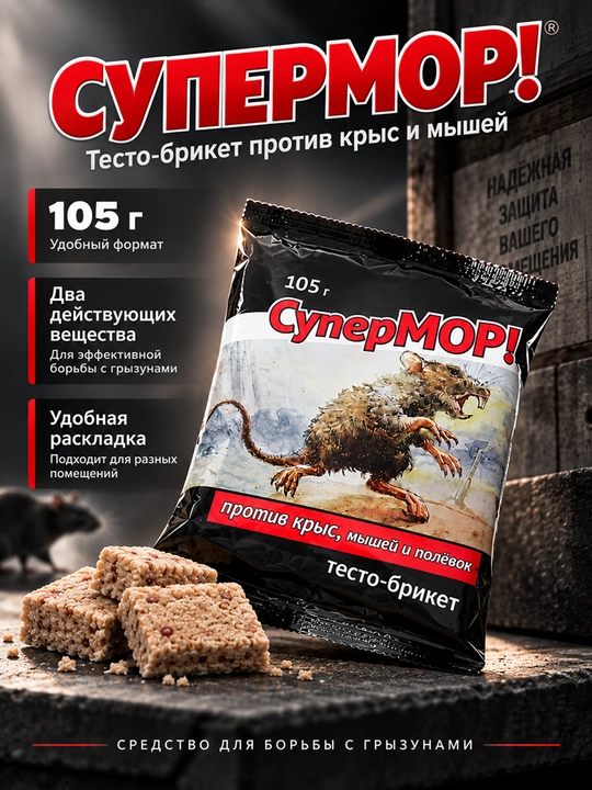 СуперМОР 105 г, тесто-брикет против мышей и крыс, средство от грызунов