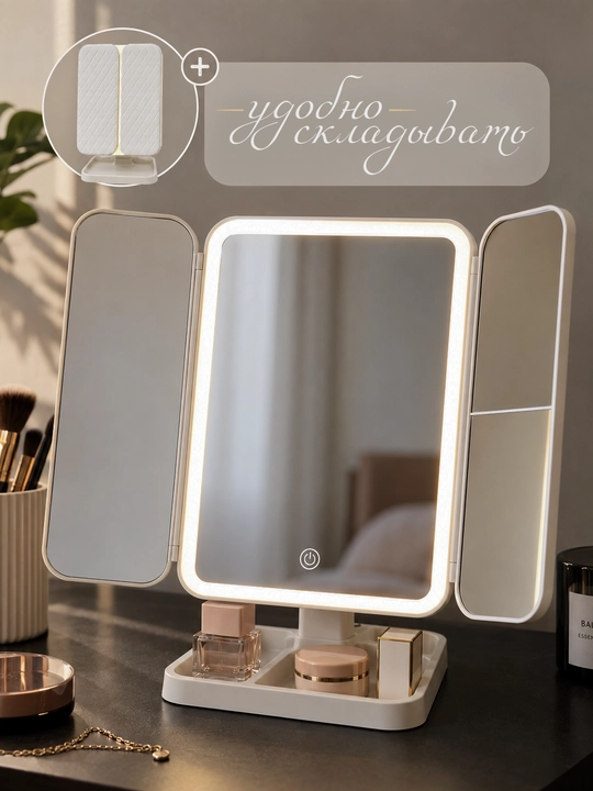 LED yoritgichli makiyaj oynasi 2X 3X kattalashtiruvchi Type-C sensorli