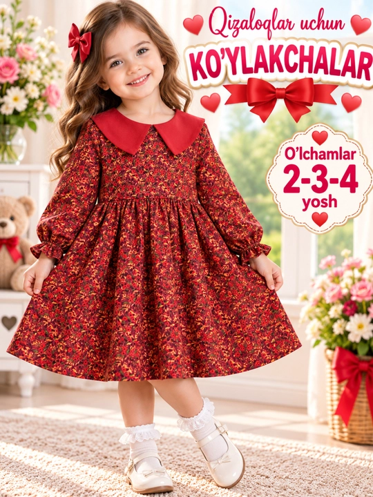 Qizlar uchun ko‘ylak 2–4 yosh, 100% paxta, bahor-kuz, yumshoq va qulay - 