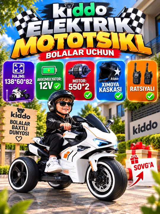 Kiddo 12v bolalar elektr mototsikli - 2 ta motor, pult, ratsiya va himoya shlemi