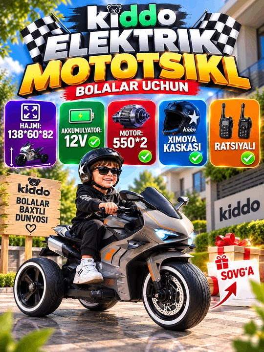 Kiddo 12v bolalar elektr mototsikli - 2 ta motor, pult, ratsiya va himoya shlemi