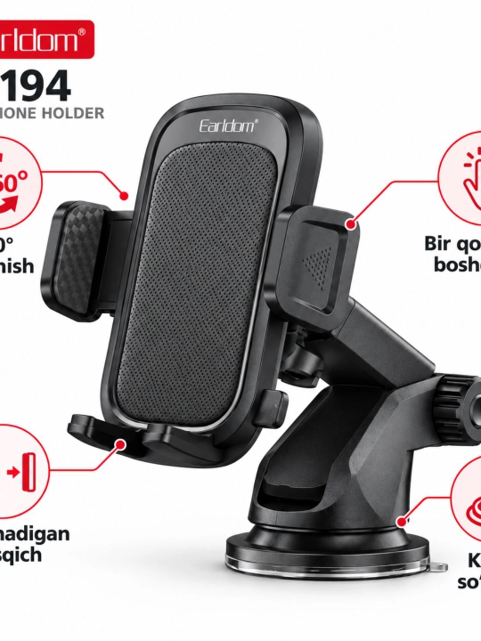 Earldom EH194 avtomobil uchun telefon ushlagichi, vakuumli so‘rg‘ich, 360°