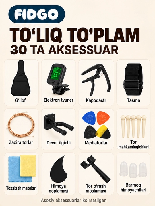 Akustik gitara, FIDGO to‘plamida 30 ta aksessuar
