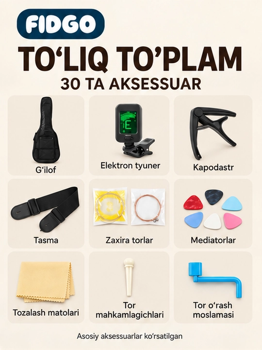 Akustik gitara, FIDGO to‘plamida 30 ta aksessuar