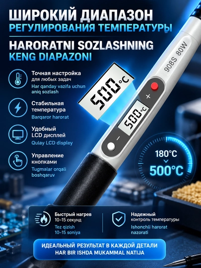 Elektr payalnik 908S, 80 Vt, 180–500°C, LCD, keramik qizdirgich, 15 soniyada qiziydi