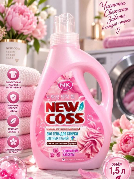 Гель для стирки цветных тканей NEW COSS, 1.5 л — концентрированная формула