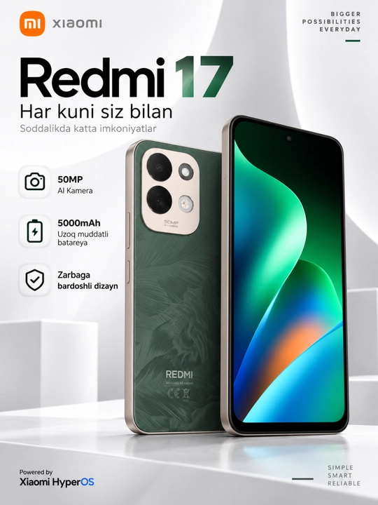 Smartfon Redmi 17, 7500 mAh katta akkumulyator, 45 Vt turbozaryad, katta 6,9″ displey 50MP - 