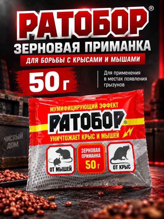 Ратобор 50 г, зерновая приманка против крыс и мышей, средство от грызунов - 