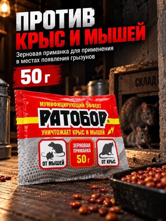 Ратобор 50 г, зерновая приманка против крыс и мышей, средство от грызунов