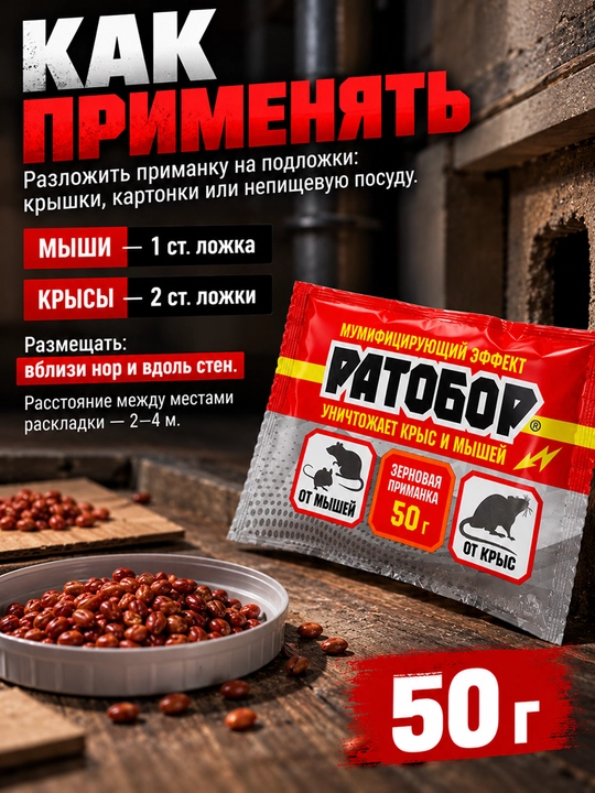 Ратобор 50 г, зерновая приманка против крыс и мышей, средство от грызунов