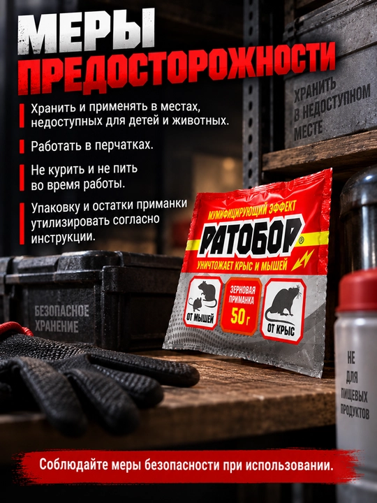 Ратобор 50 г, зерновая приманка против крыс и мышей, средство от грызунов