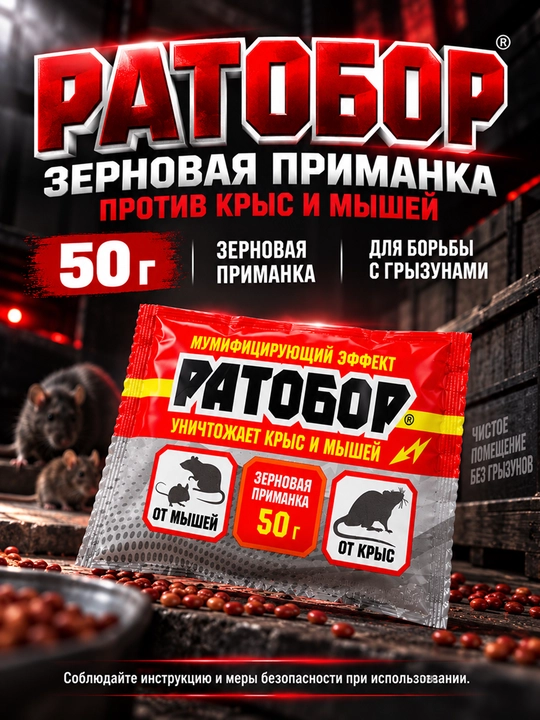 Ратобор 50 г, зерновая приманка против крыс и мышей, средство от грызунов