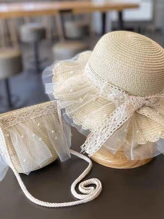 Соломенная шляпа и сумка для девочек, набор с жемчугом, летний аксессуар для детей