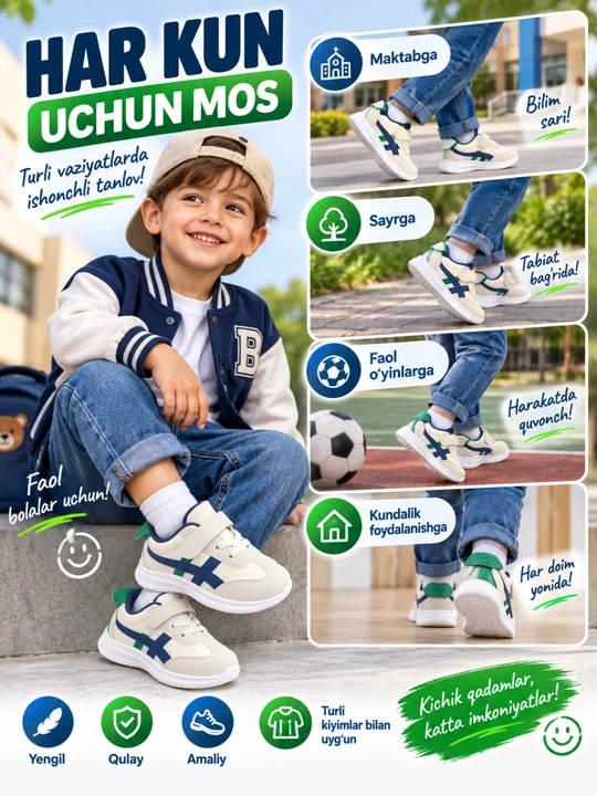 Bolalar krossovkasi, o‘g‘il va qiz bolalar uchun kundalik oyoq kiyim, malomerka razmer