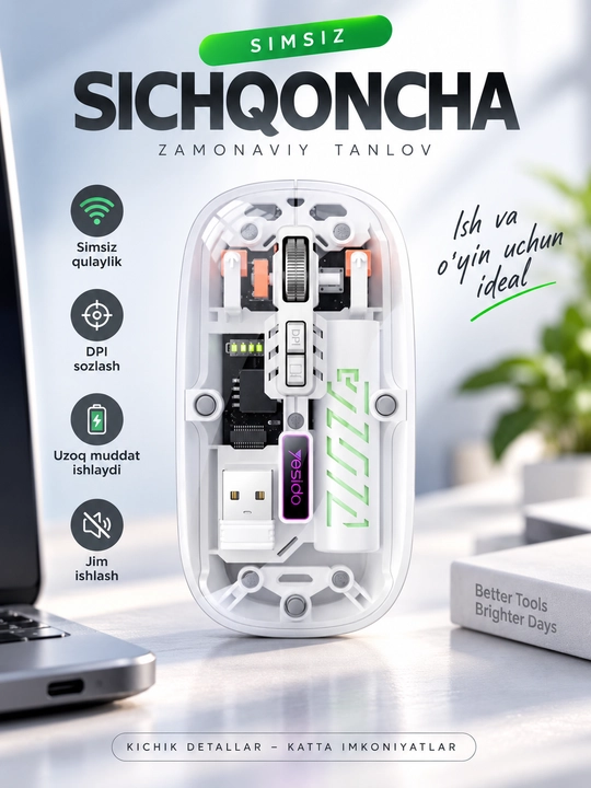 Simsiz kompyuter sichqonchasi, shovqinsiz, Type-C - 