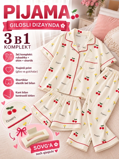 Ayollar pijamasi 3 tasi 1 da, barcha mavsum uchun: ko‘ylak, shim va shortik, uy kiyimi - 