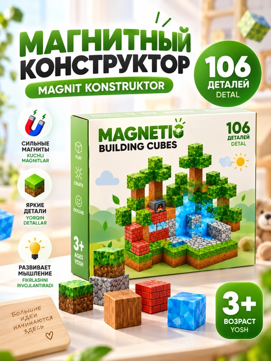 3 yoshdan bolalar uchun 106 detalli magnitli konstruktor - 