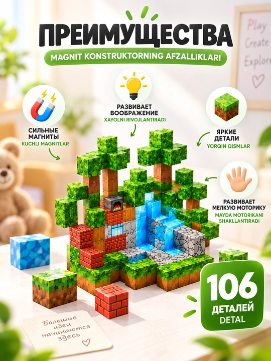 3 yoshdan bolalar uchun 106 detalli magnitli konstruktor