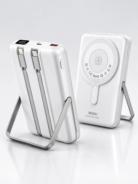 Magnitli Power Bank WiWU WI-P077 10000 mAh , 15W simsiz zaryad, stend, oq rang