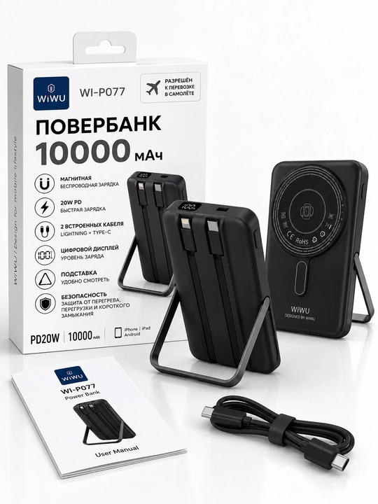 Magnitli Power Bank WiWU WI-P077 10000 mAh , 15W simsiz zaryad, stend, oq rang