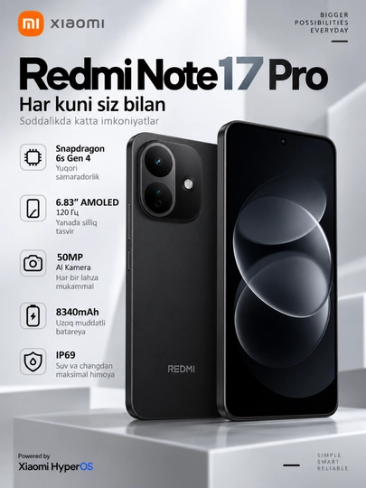 Smartfon REDMI Note 17 Pro , 6.83" AMOLED 120 Gs, Snapdragon 6s Gen 4 - 
