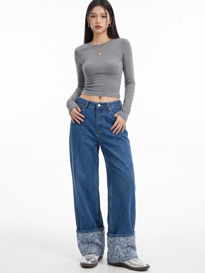 Женские джинсы UMA Wide Leg с широкими отворотами и орнаментом - 