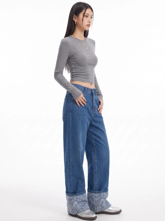 UMA ayollar uchun naqshli keng qaytarma etakli Wide Leg jinsi shim