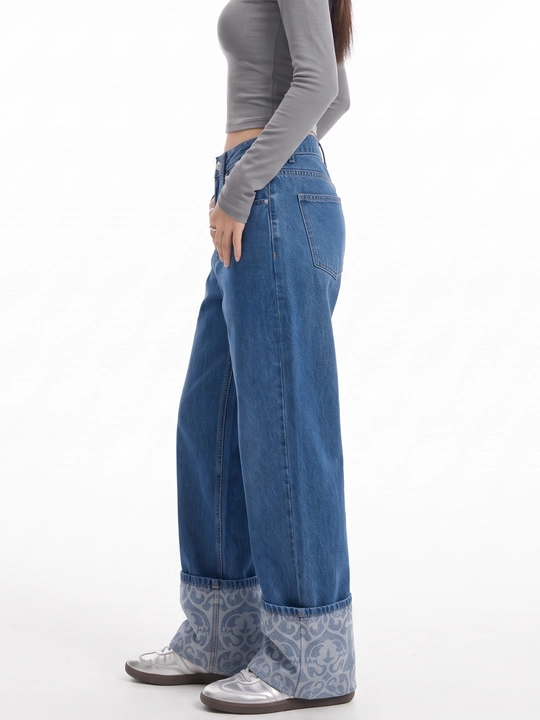 UMA ayollar uchun naqshli keng qaytarma etakli Wide Leg jinsi shim