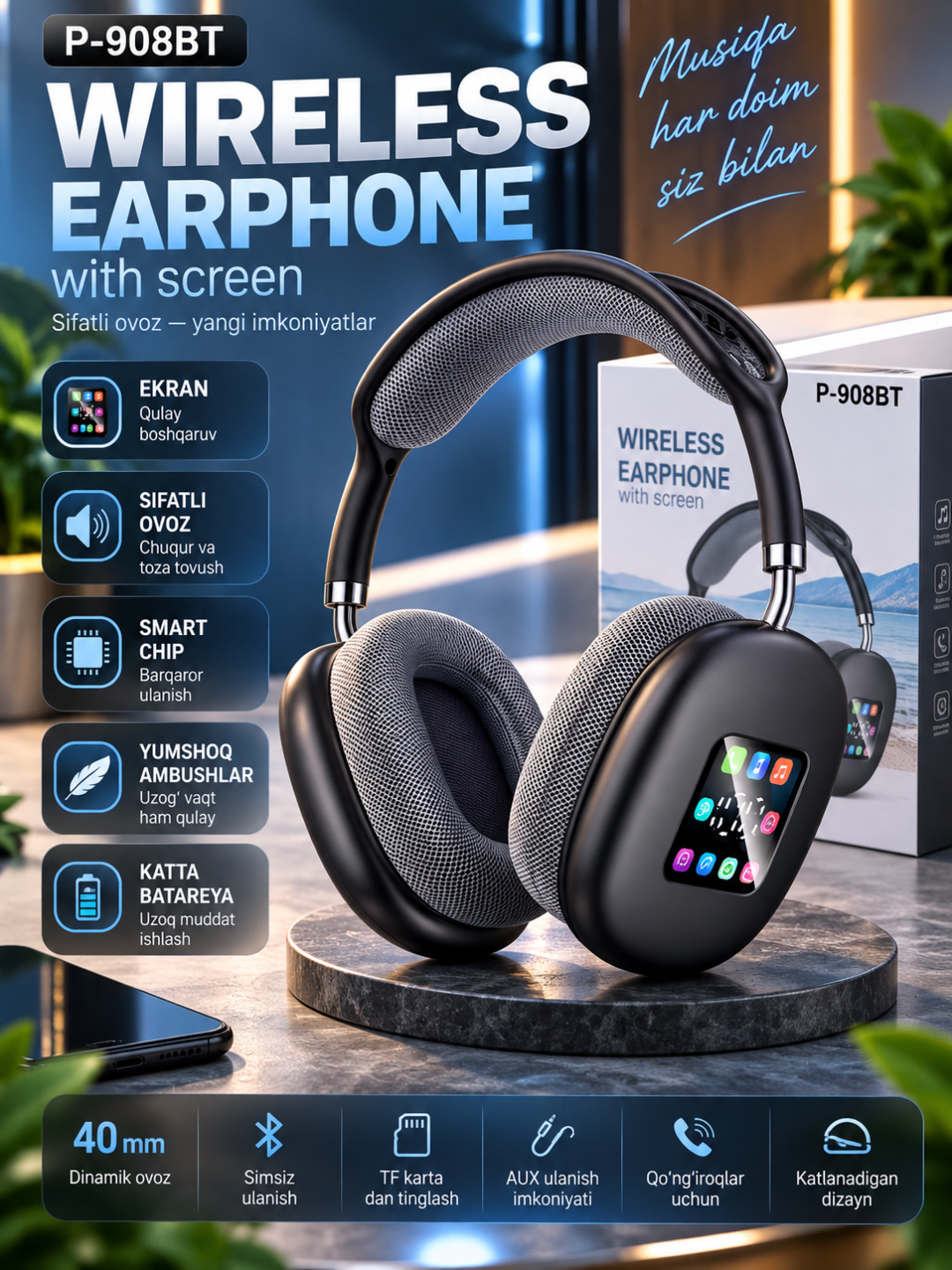 P-908BT simsiz quloqchin, Bluetooth, ekranli naushnik, 40 mm dinamik ovoz - 