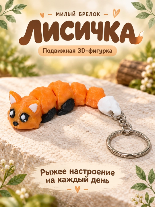 Брелок Лисичка подвижная фигурка 3D печать, антистресс, сувенир на ключи, подарок - 